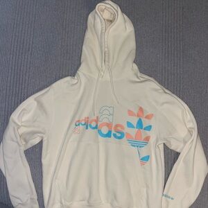 Adidas Off-White Hoodie with Blue and Coral Accents